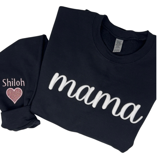 Mama 3-D Puff Embroidered Black Sweatshirt-With Heart